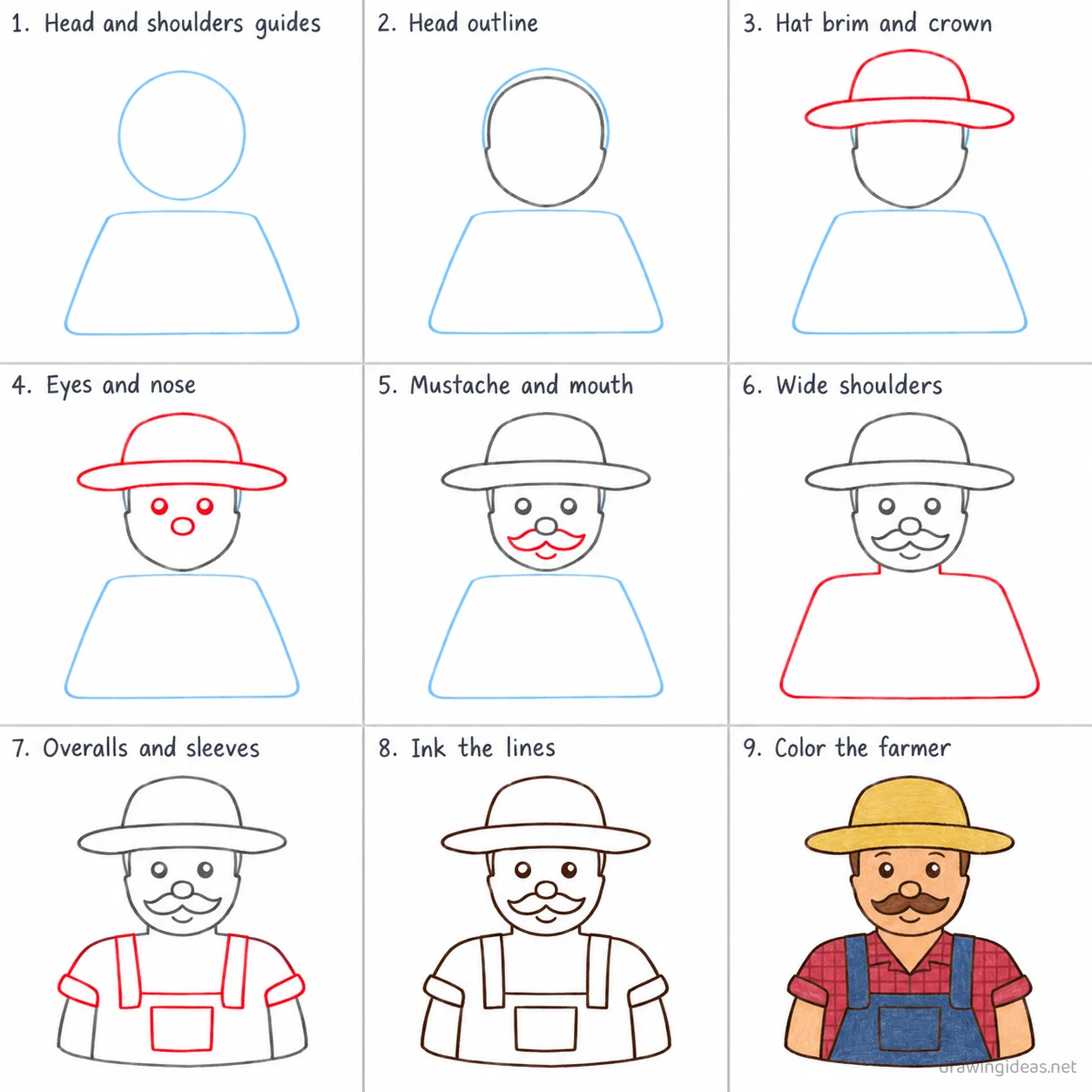 How to draw a farmer step by step — 9-step farmer drawing tutorial sheet