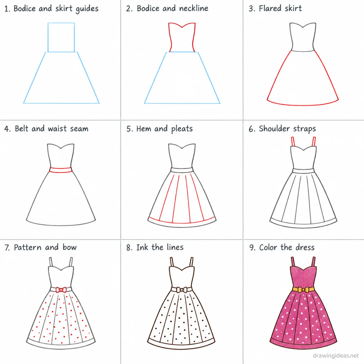 How to draw a fashion step by step — 9-step fashion drawing tutorial sheet