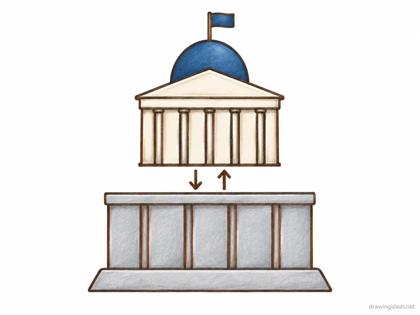 Federalism drawing — hand-drawn federalism illustration with ink lines and soft colors