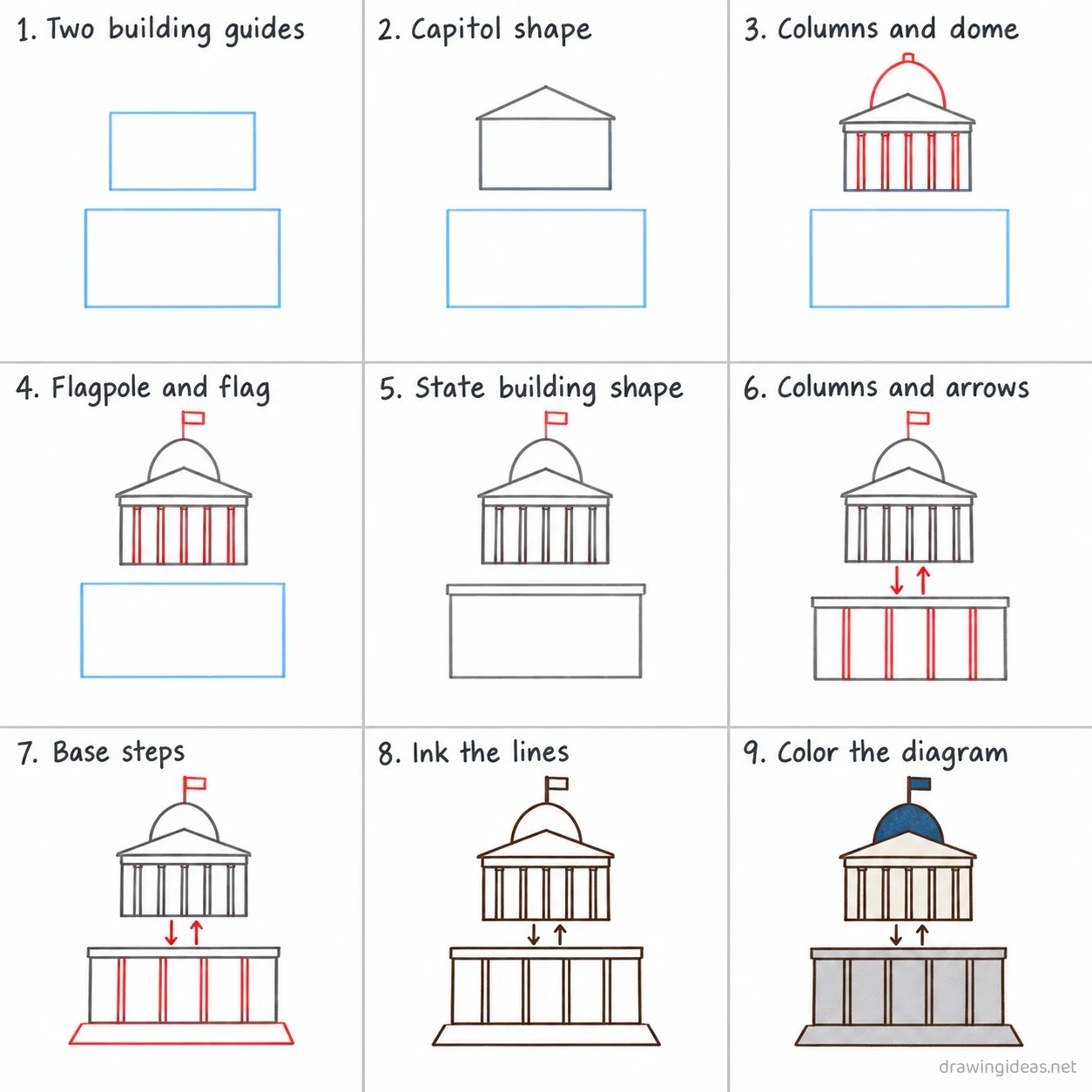 How to draw federalism step by step — 9-step federalism drawing tutorial sheet