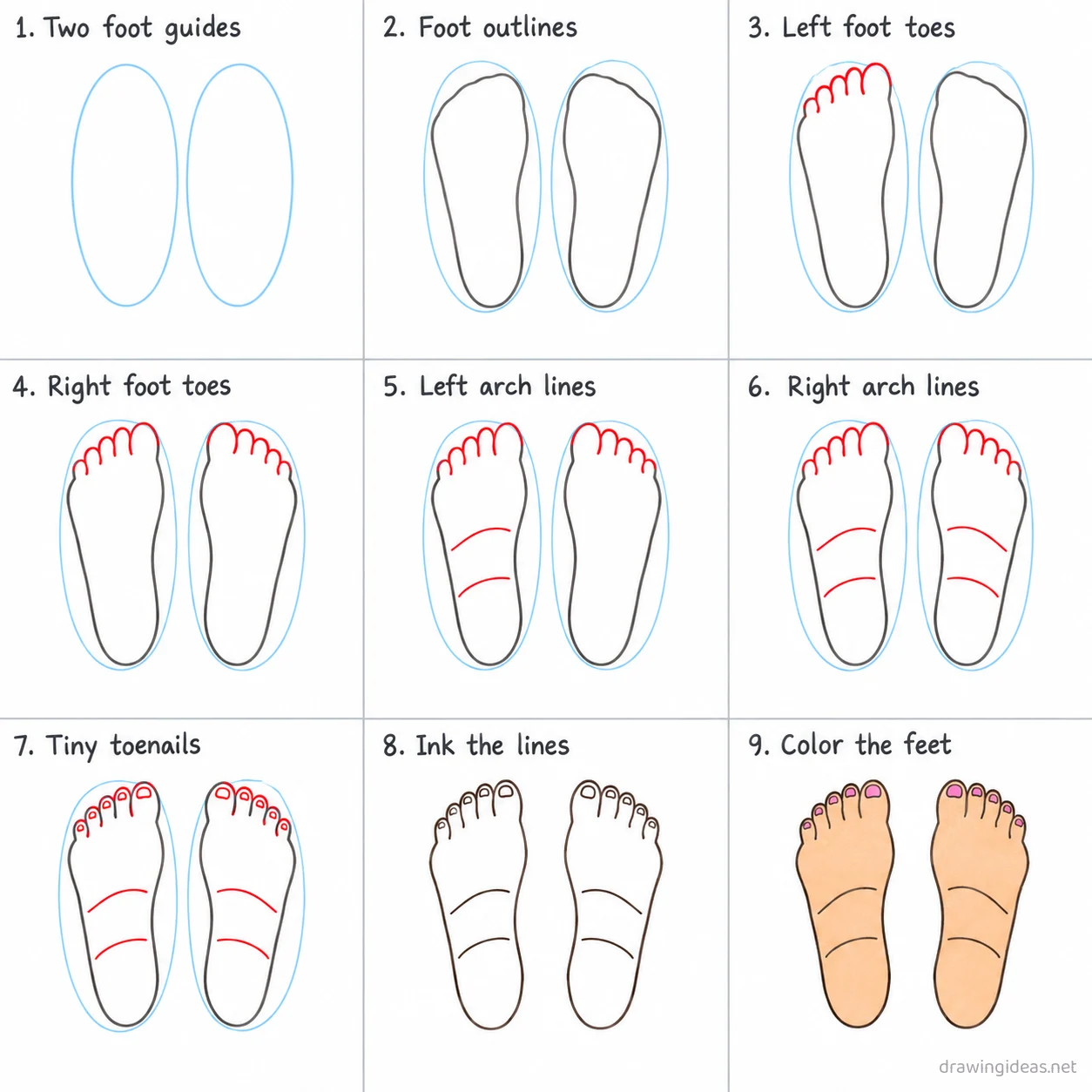 How to draw feet step by step — 9-step feet drawing tutorial sheet