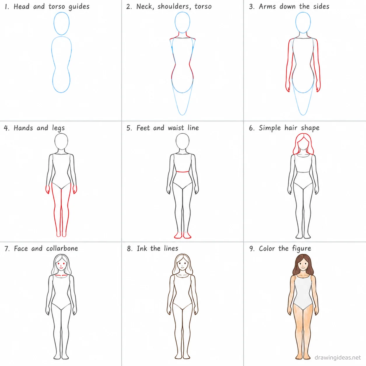 How to draw a female body step by step — 9-step female body drawing tutorial sheet