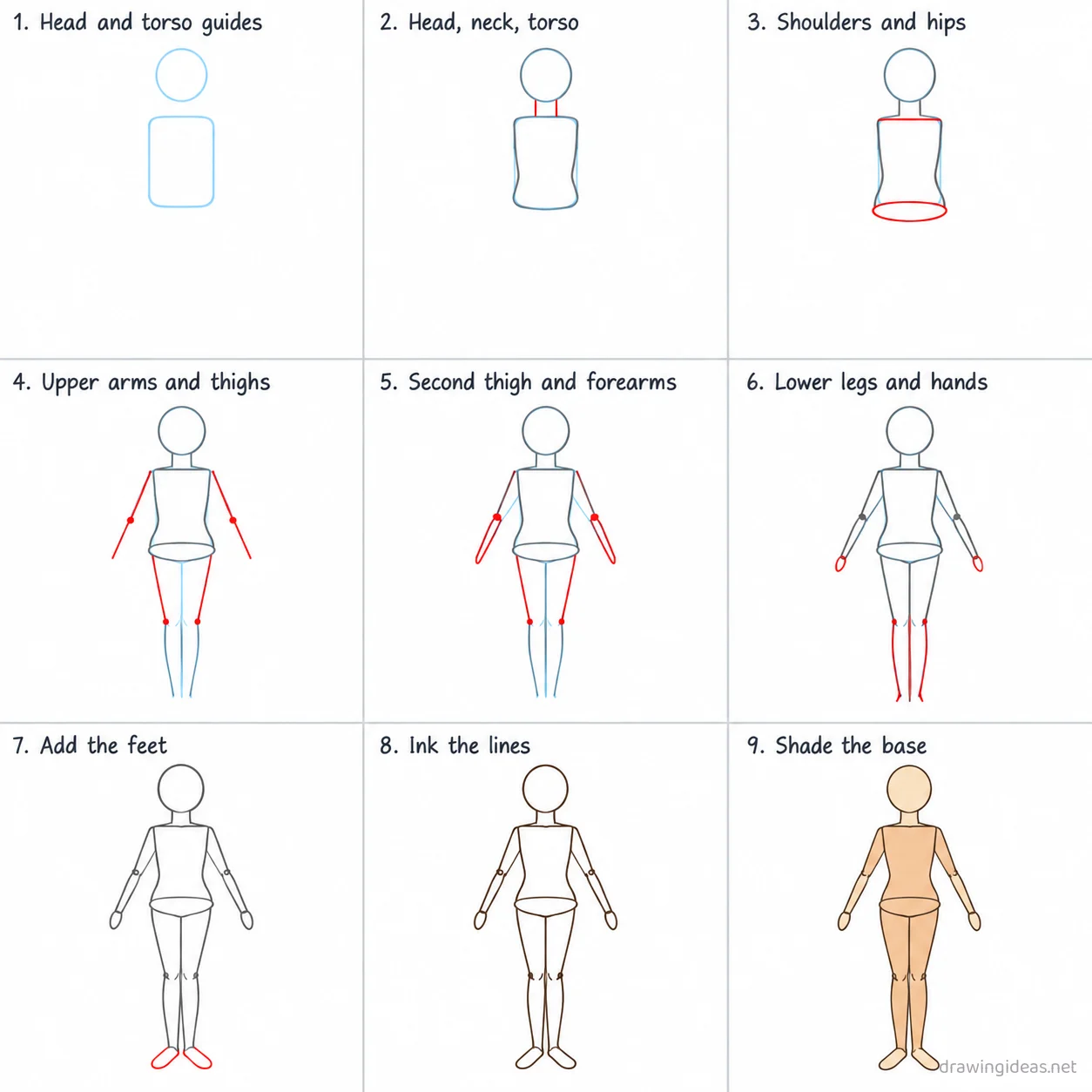 How to draw a female poses body base step by step — 9-step female poses body base drawing tutorial sheet