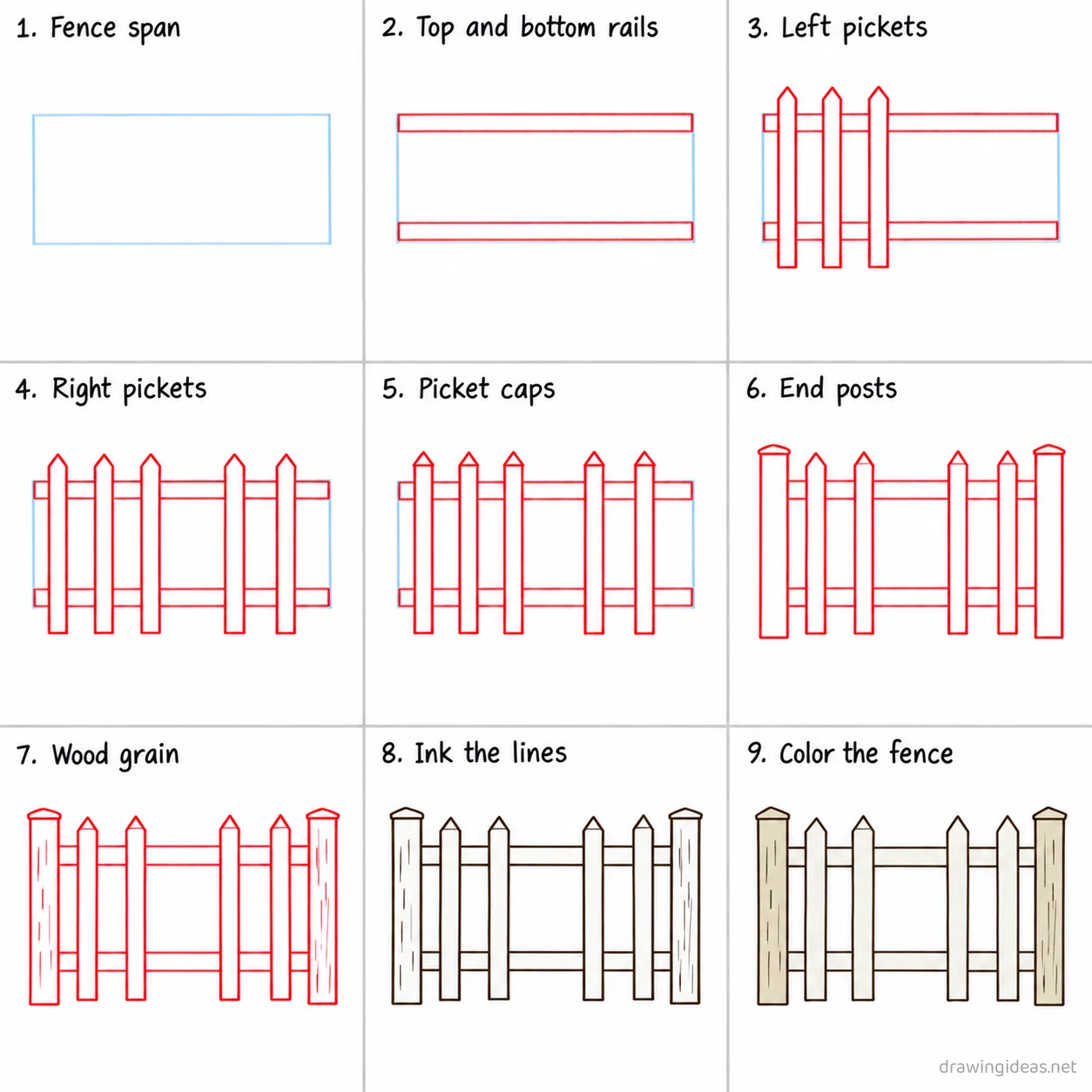 How to draw a fence step by step — 9-step fence drawing tutorial sheet