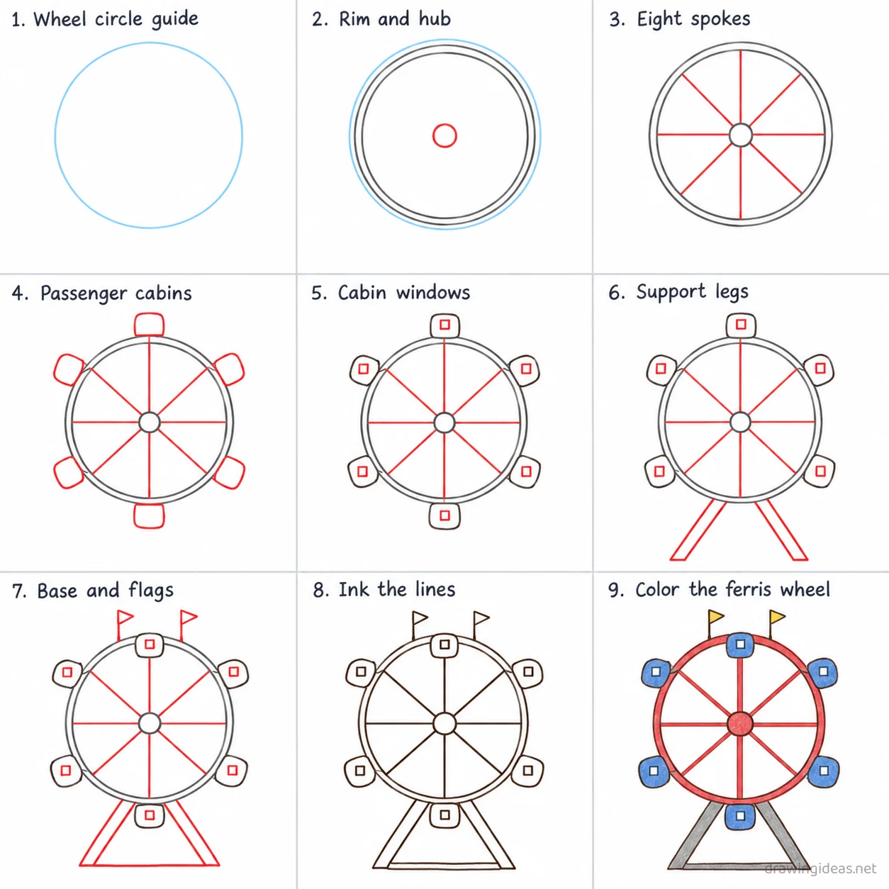 How to draw a ferris wheel step by step — 9-step ferris wheel drawing tutorial sheet