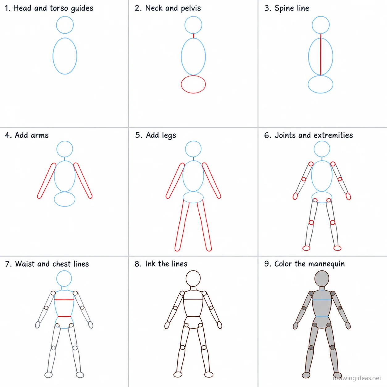 How to draw a figure step by step — 9-step figure drawing tutorial sheet