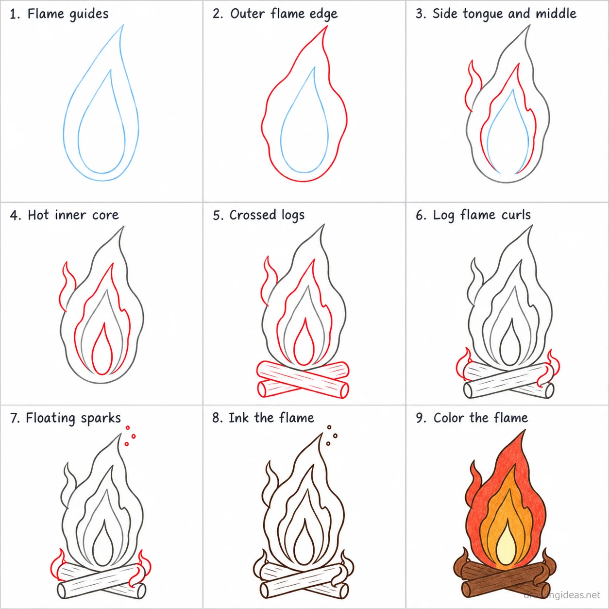 How to draw fire step by step — 9-step fire drawing tutorial sheet