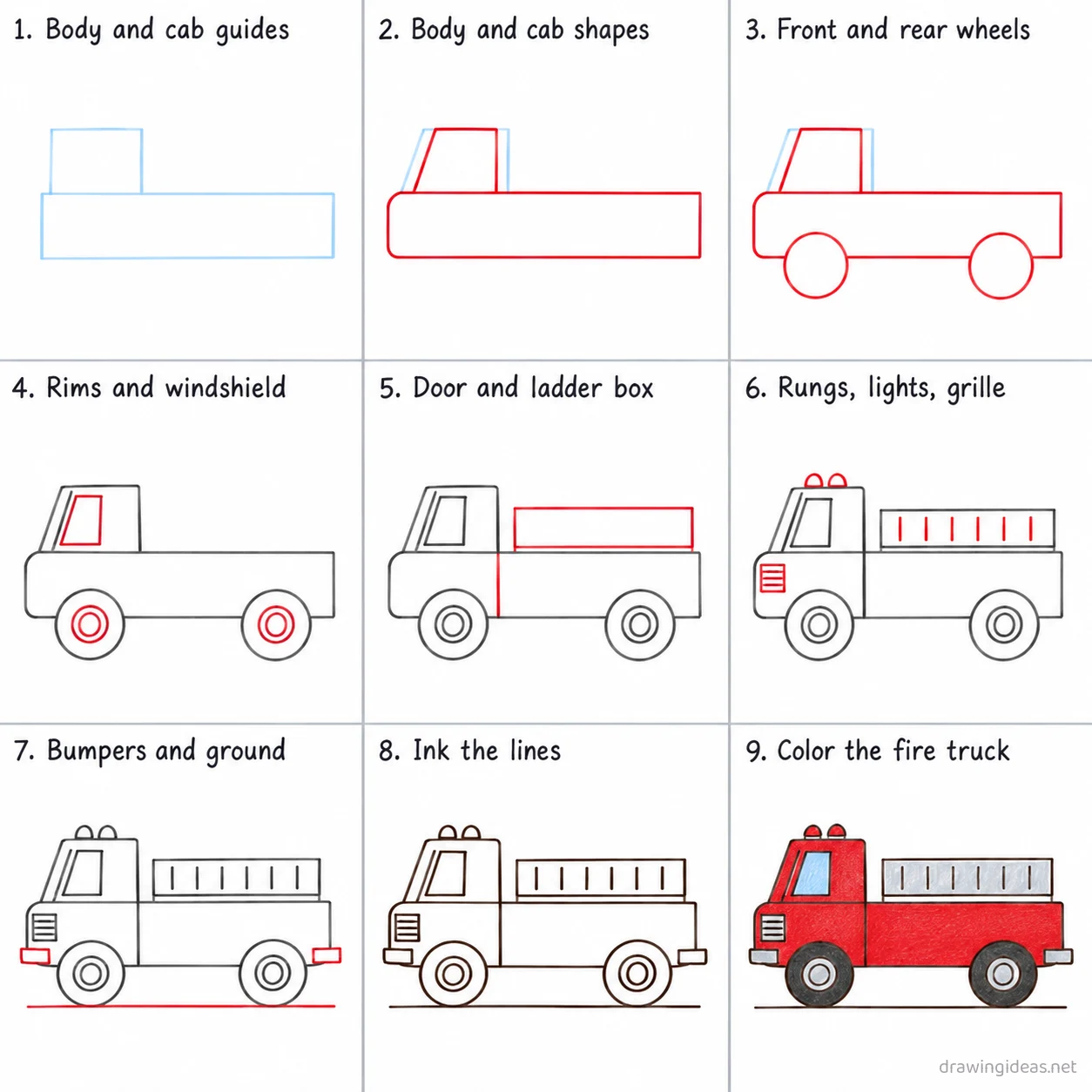 How to draw a fire truck step by step — 9-step fire truck drawing tutorial sheet
