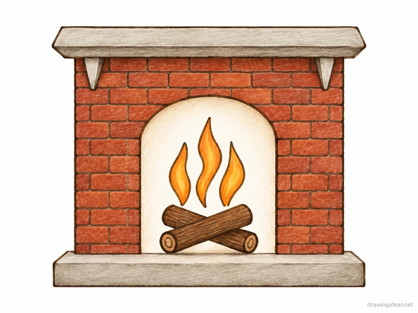 Fireplace drawing — hand-drawn fireplace illustration with ink lines and soft colors