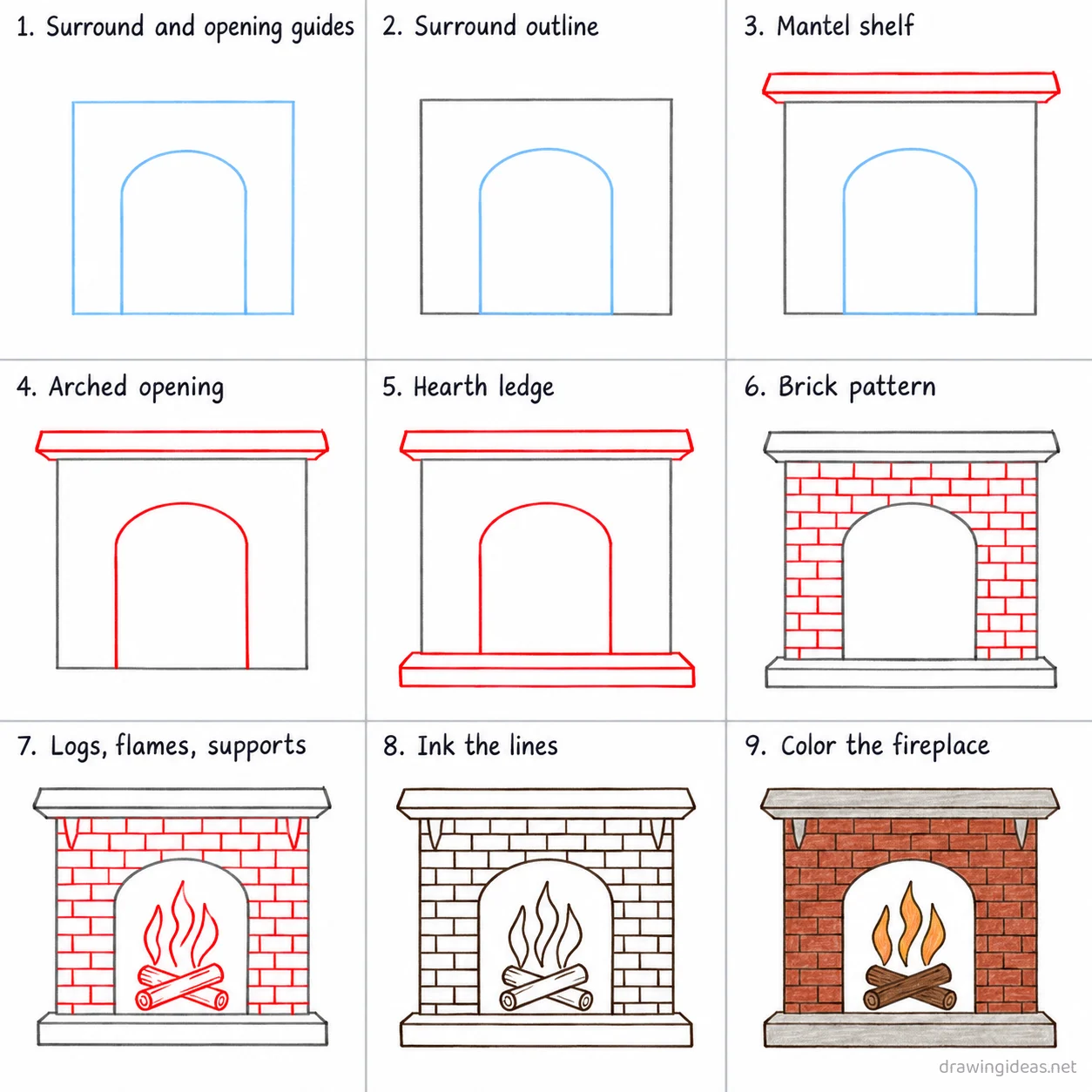 How to draw a fireplace step by step — 9-step fireplace drawing tutorial sheet