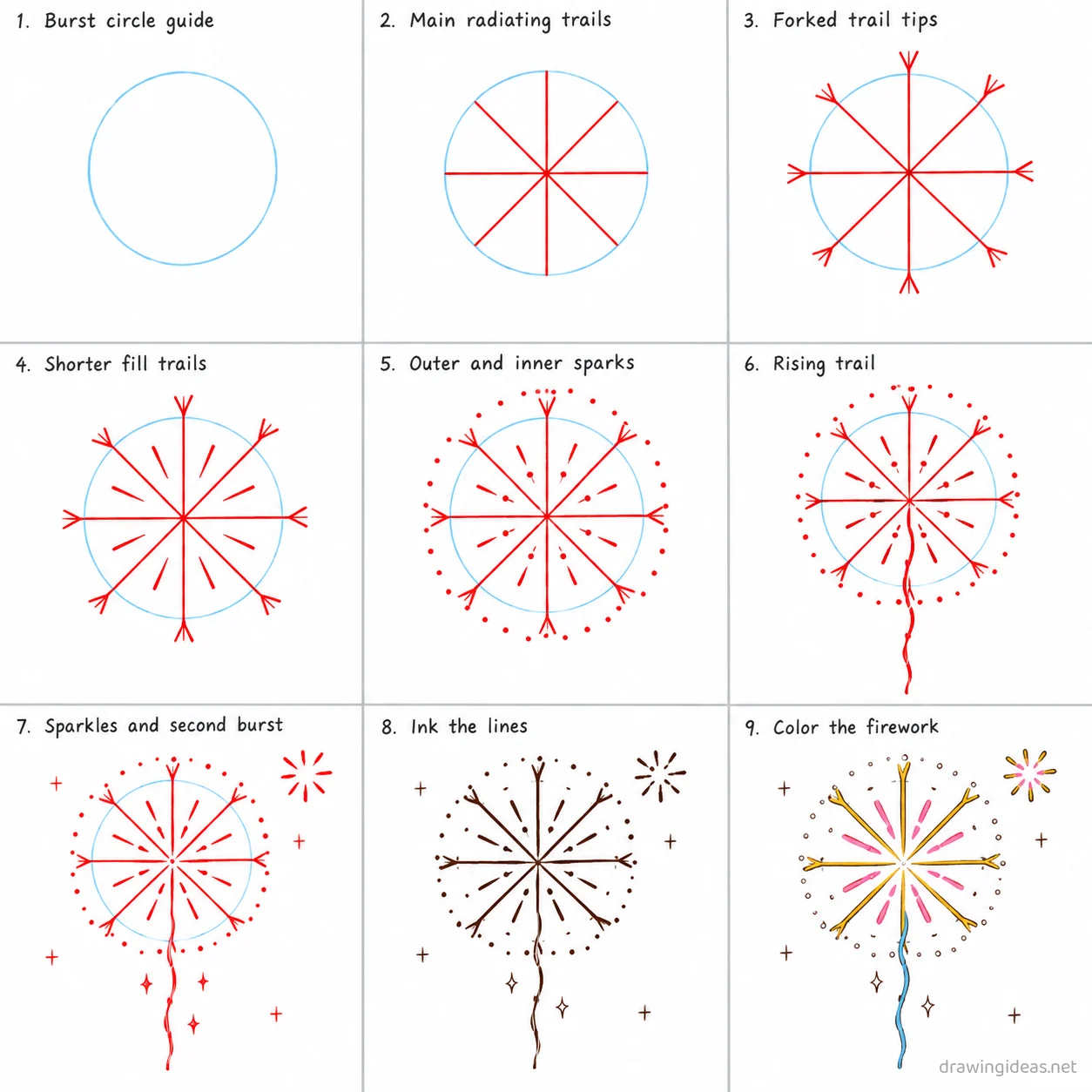 How to draw a firework step by step — 9-step firework drawing tutorial sheet