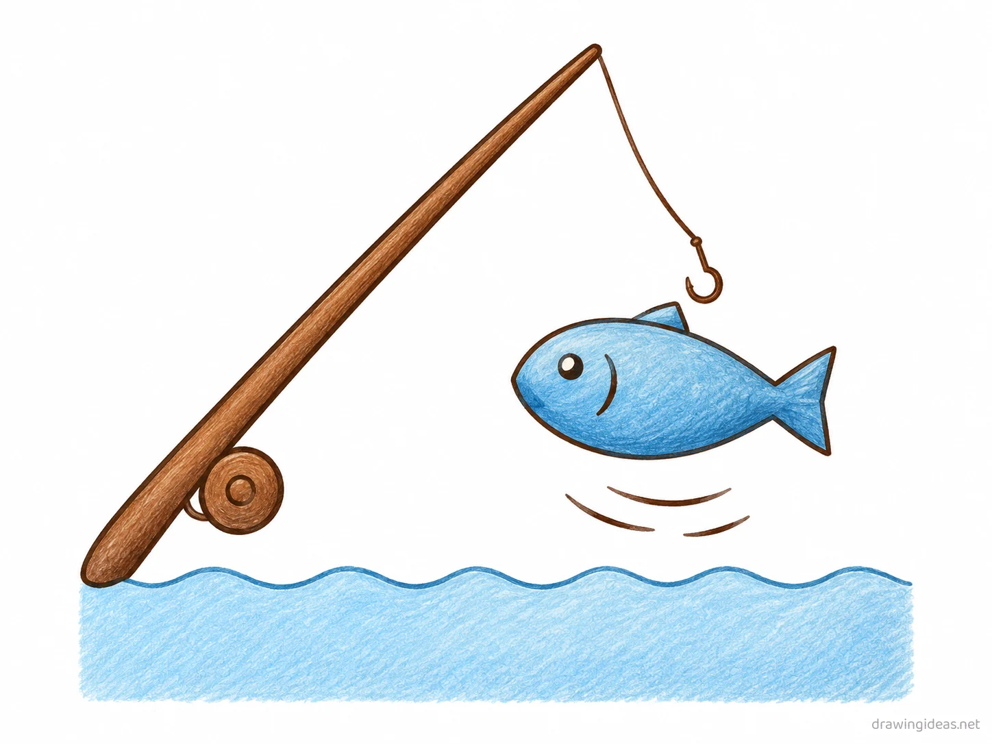 Fishing drawing — hand-drawn fishing illustration with ink lines and soft colors