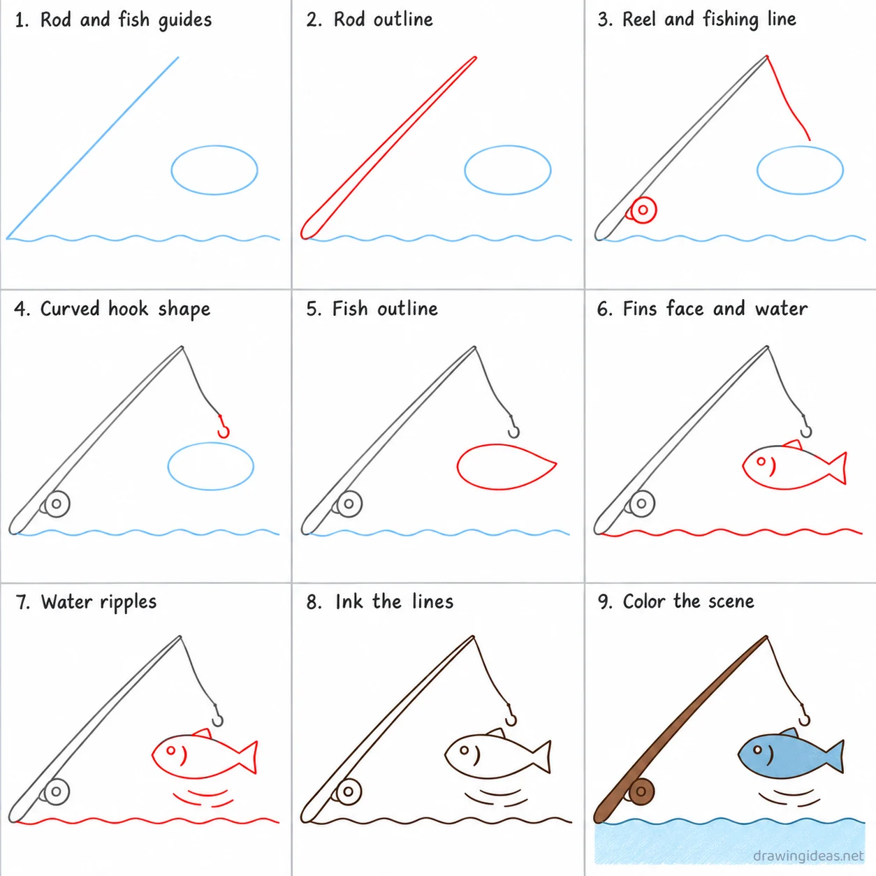 How to draw fishing step by step — 9-step fishing drawing tutorial sheet
