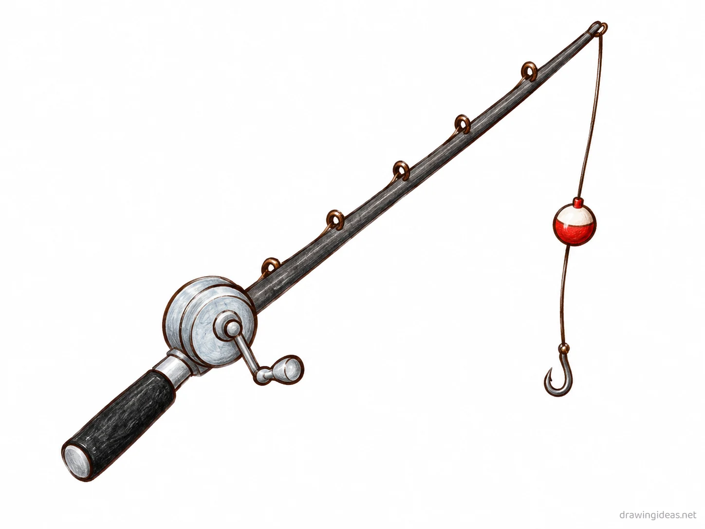 Fishing Rod drawing — hand-drawn fishing rod illustration with ink lines and soft colors