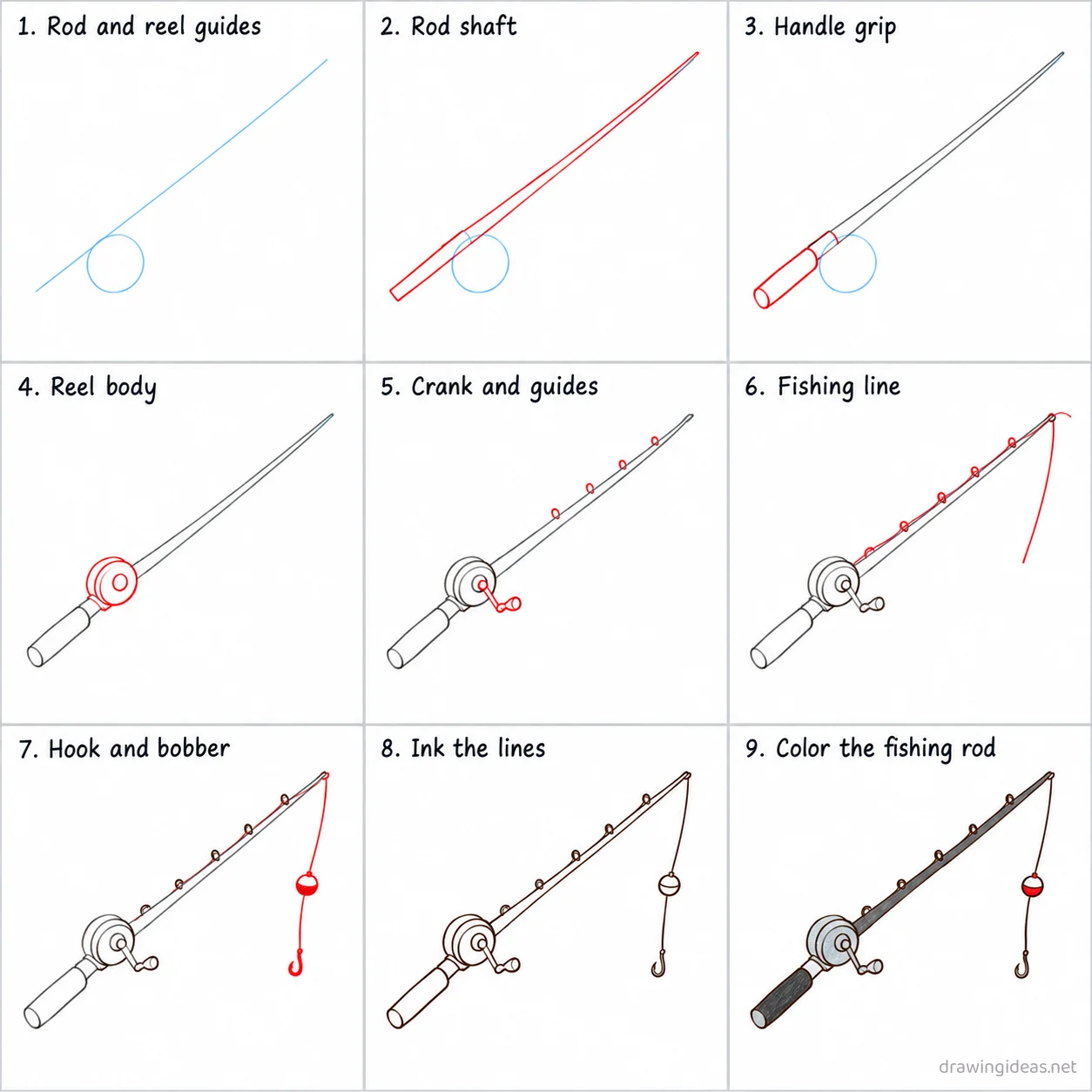 How to draw a fishing rod step by step — 9-step fishing rod drawing tutorial sheet