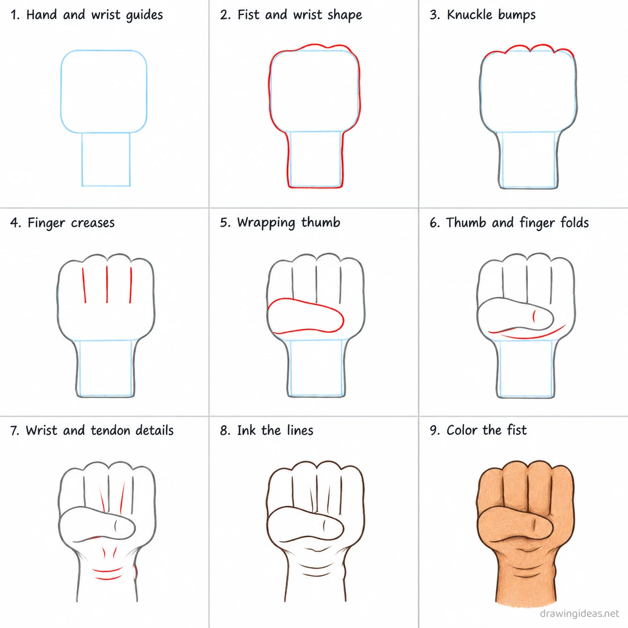 How to draw a fist step by step — 9-step fist drawing tutorial sheet