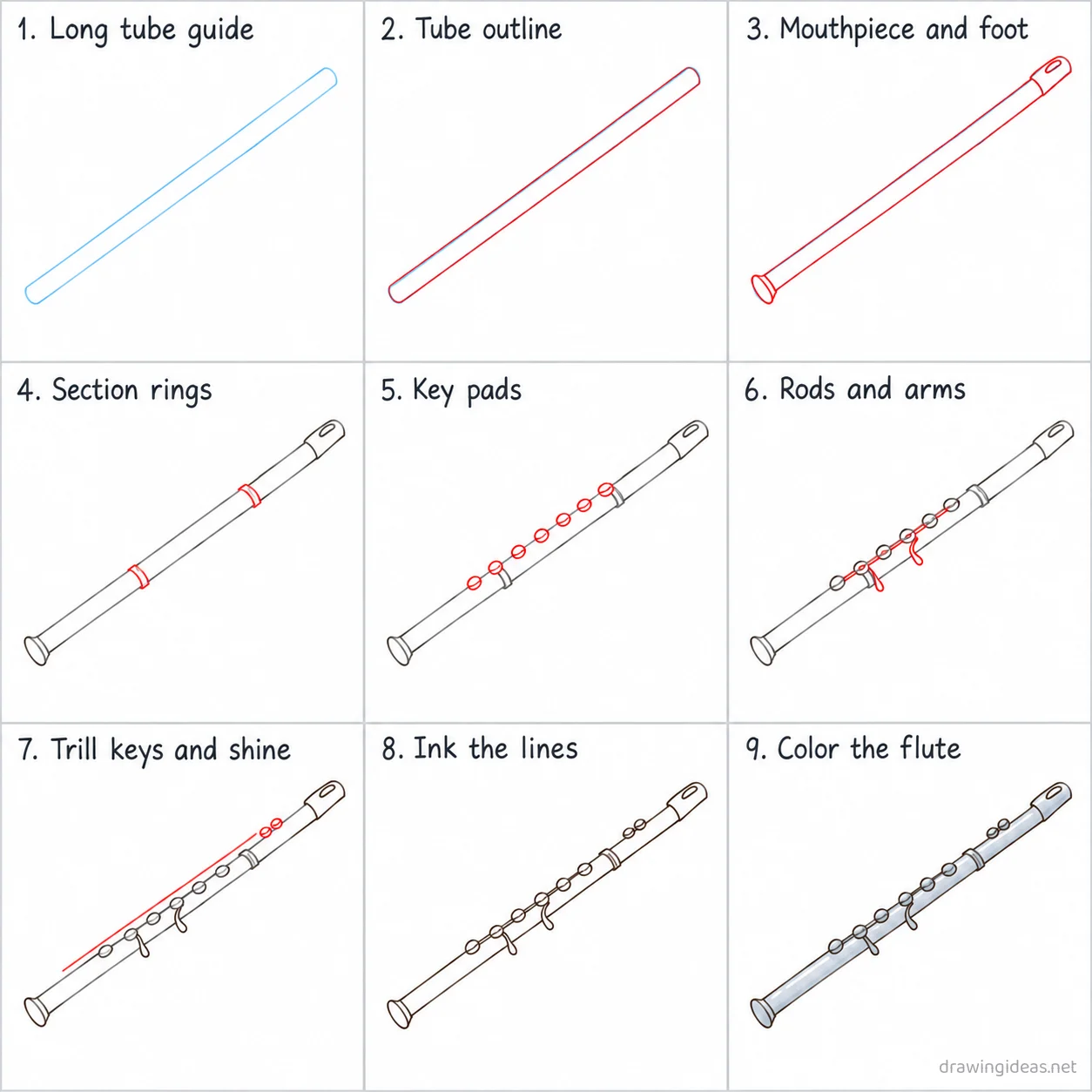 How to draw a flute step by step — 9-step flute drawing tutorial sheet