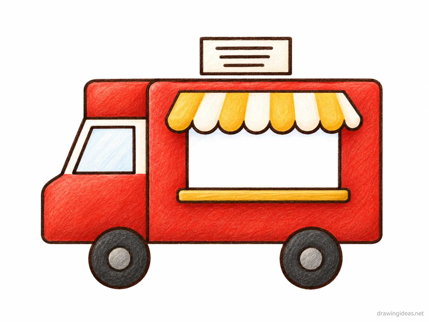 Food Truck drawing — hand-drawn food truck illustration with ink lines and soft colors