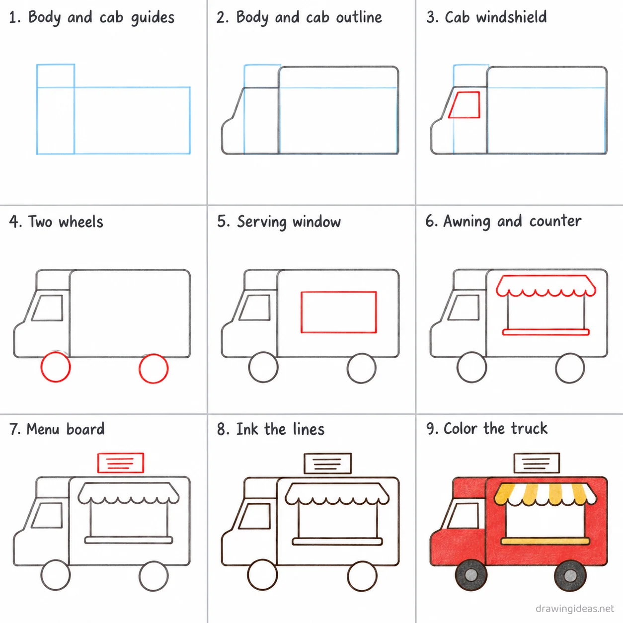 How to draw a food truck step by step — 9-step food truck drawing tutorial sheet