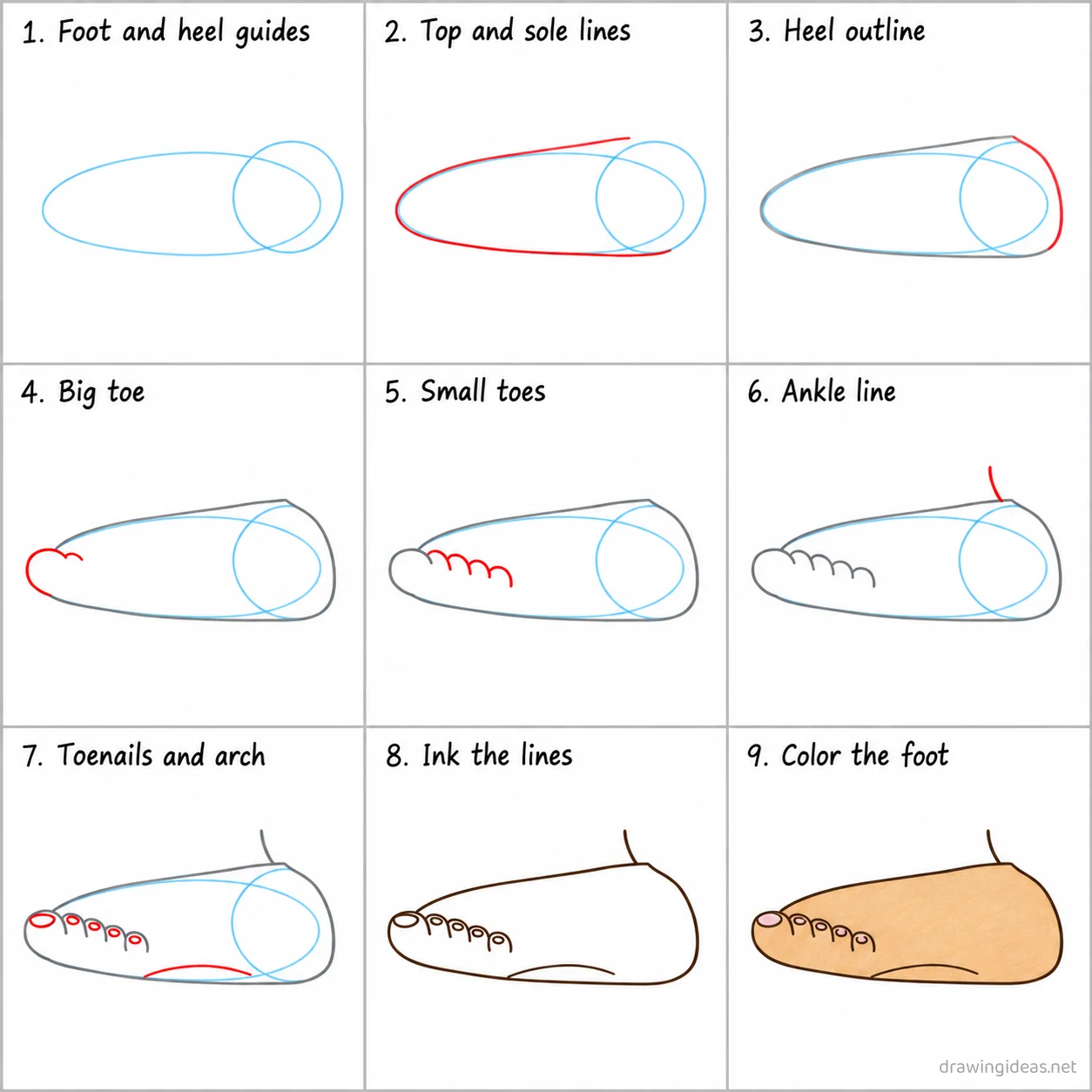 How to draw a foot step by step — 9-step foot drawing tutorial sheet