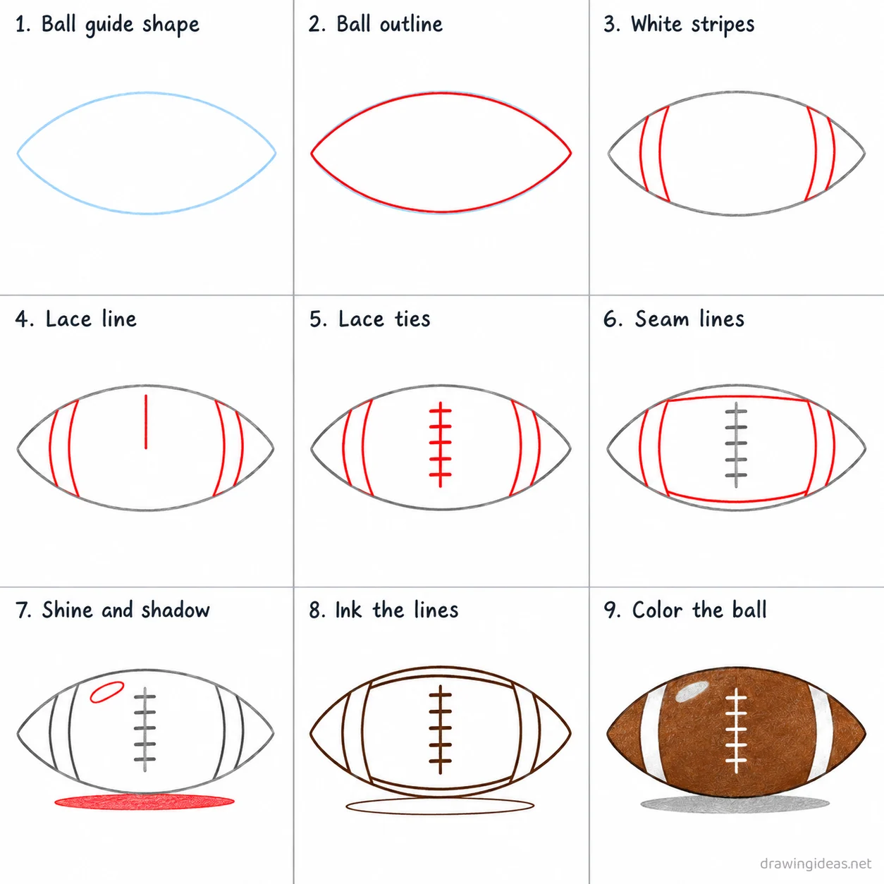 How to draw a football step by step — 9-step football drawing tutorial sheet