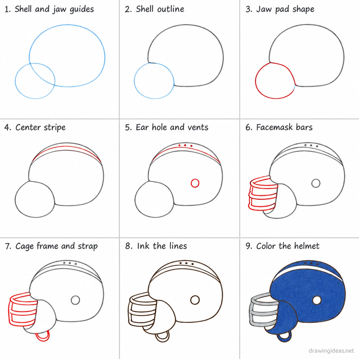 How to draw a football helmet step by step — 9-step football helmet drawing tutorial sheet