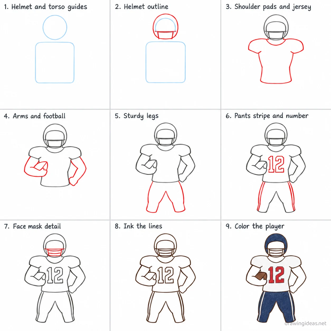 How to draw a football player step by step — 9-step football player drawing tutorial sheet
