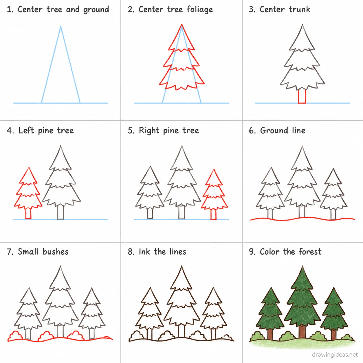 How to draw a forest step by step — 9-step forest drawing tutorial sheet