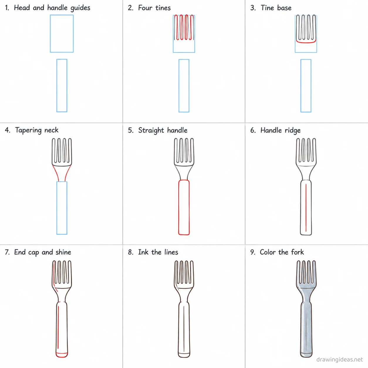 How to draw a fork step by step — 9-step fork drawing tutorial sheet