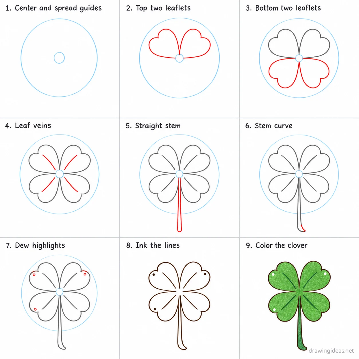 How to draw a four leaf clover step by step — 9-step four leaf clover drawing tutorial sheet
