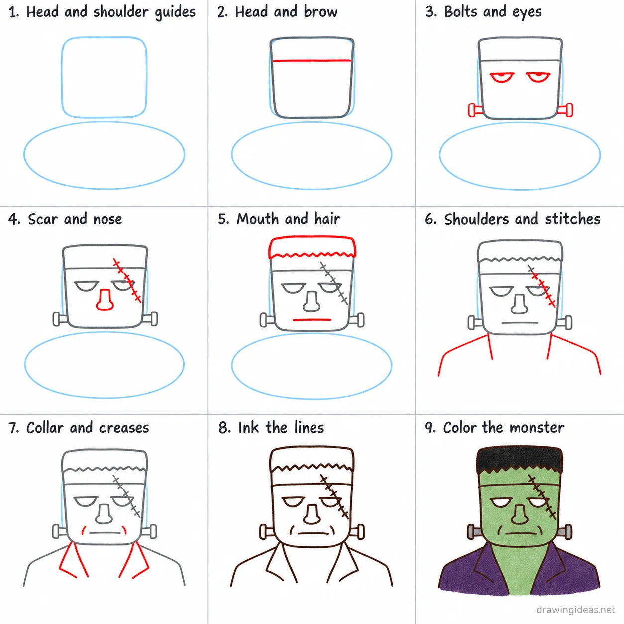 How to draw a frankenstein step by step — 9-step frankenstein drawing tutorial sheet