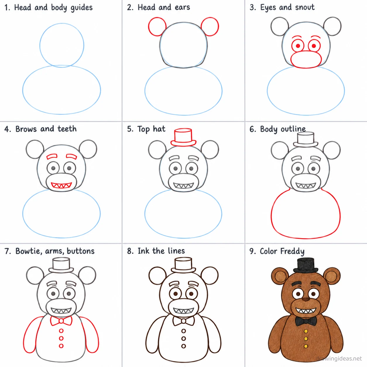 How to draw Freddy Fazbear step by step — 9-step Freddy Fazbear drawing tutorial sheet