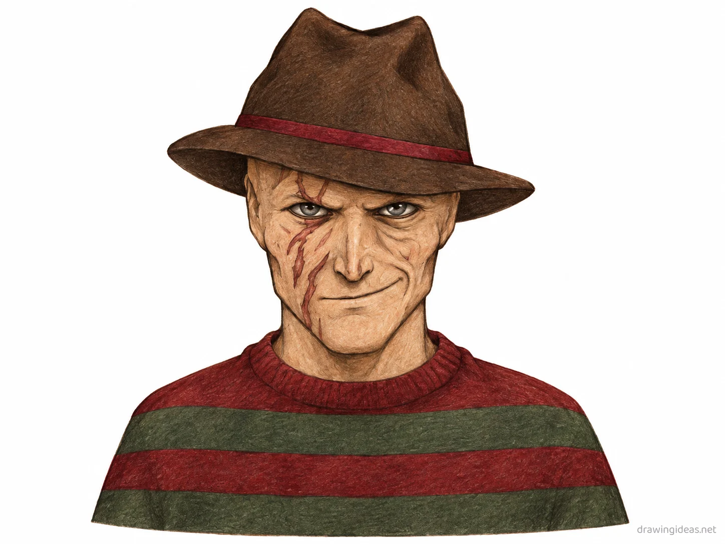 Freddy Krueger drawing — hand-drawn Freddy Krueger illustration with ink lines and soft colors