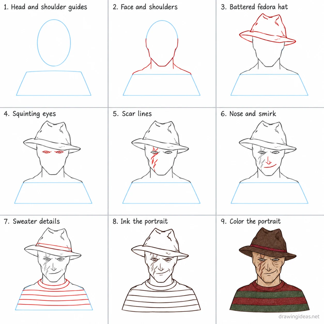 How to draw Freddy Krueger step by step — 9-step Freddy Krueger drawing tutorial sheet