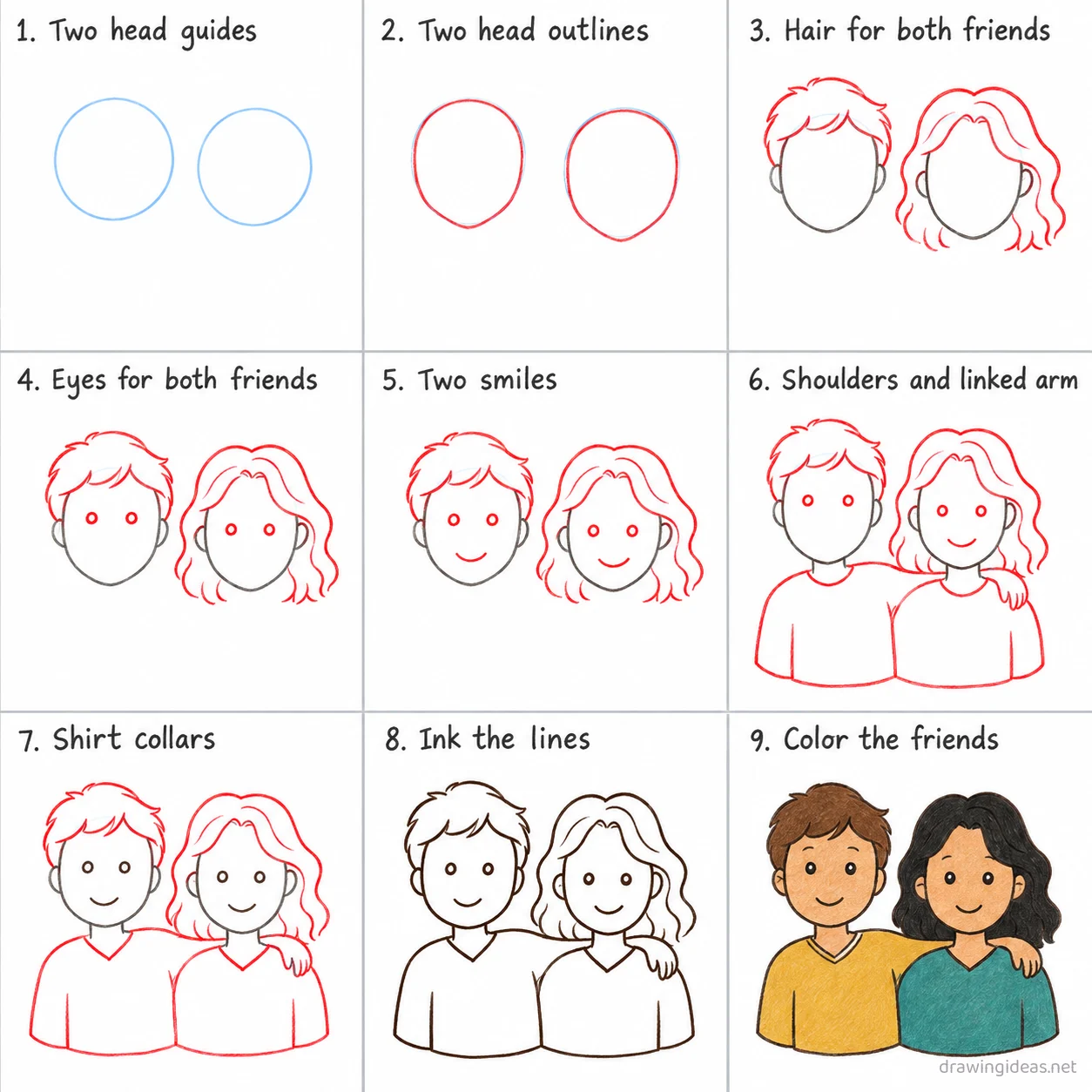 How to draw friends step by step — 9-step friends drawing tutorial sheet