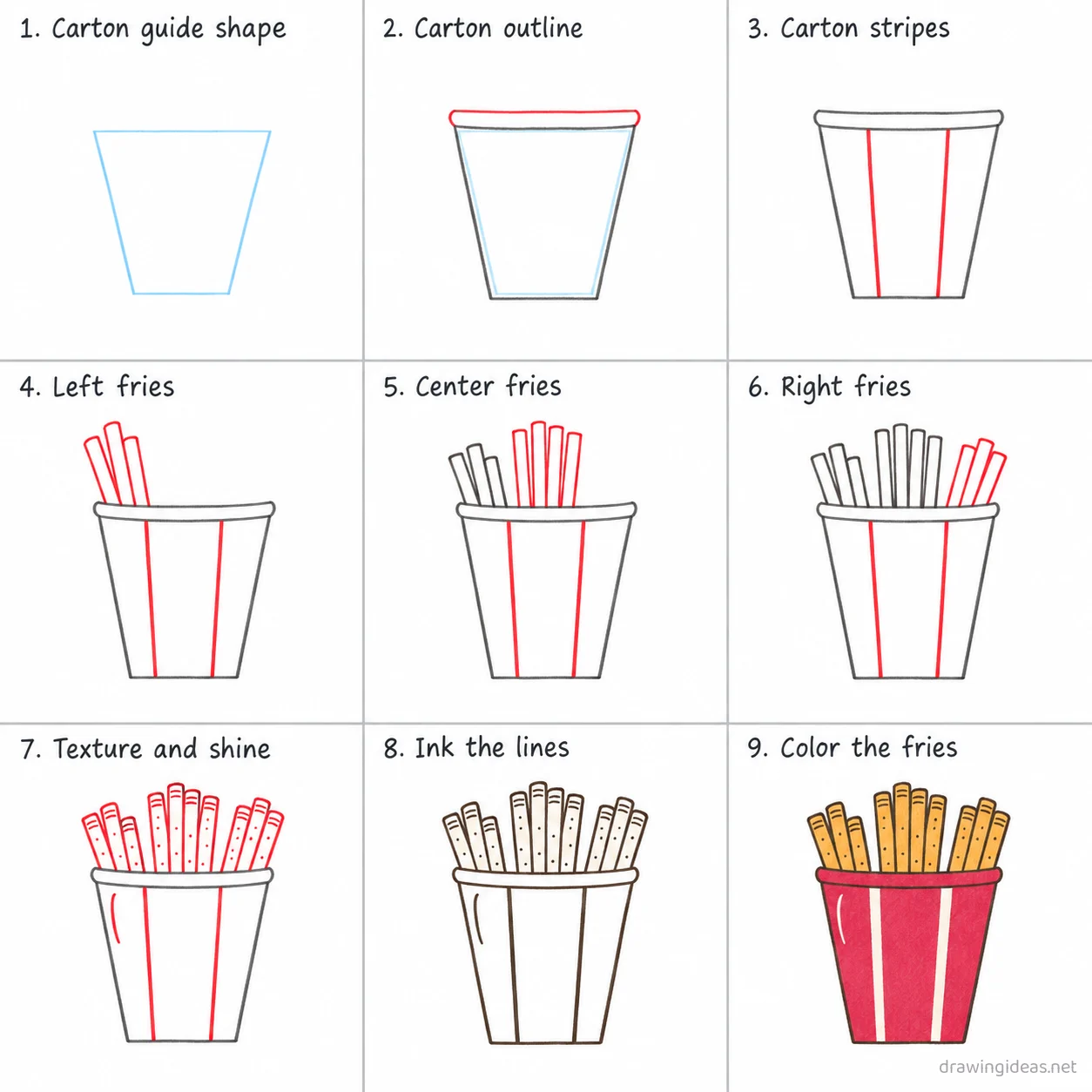 How to draw fries step by step — 9-step fries drawing tutorial sheet