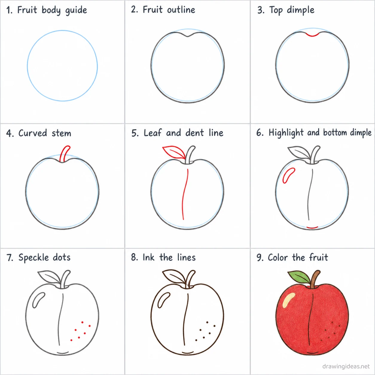 How to draw fruit step by step — 9-step fruit drawing tutorial sheet