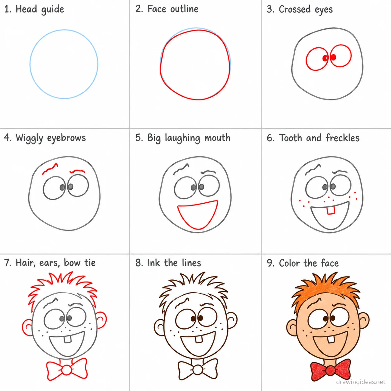 How to draw a funny step by step — 9-step funny drawing tutorial sheet