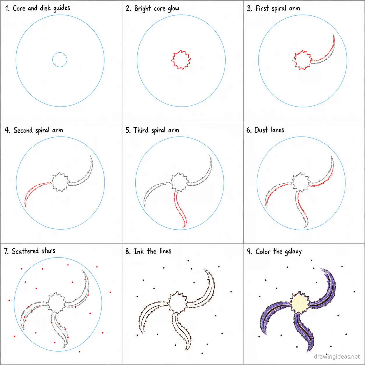 How to draw a galaxy step by step — 9-step galaxy drawing tutorial sheet