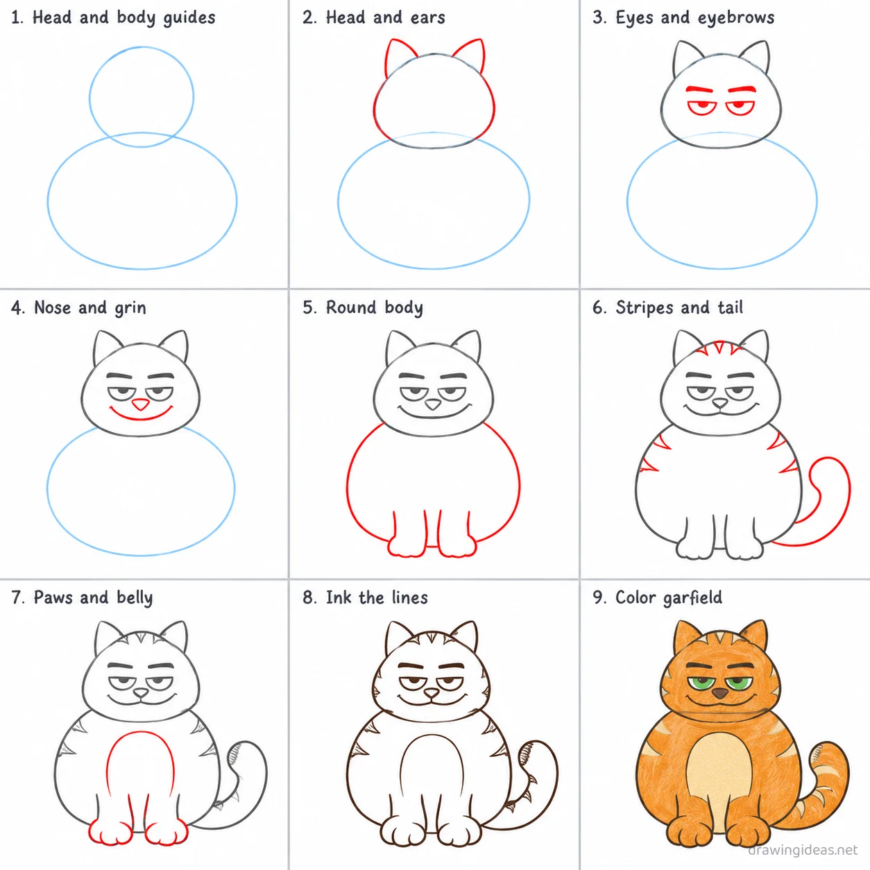 How to draw Garfield step by step — 9-step Garfield drawing tutorial sheet
