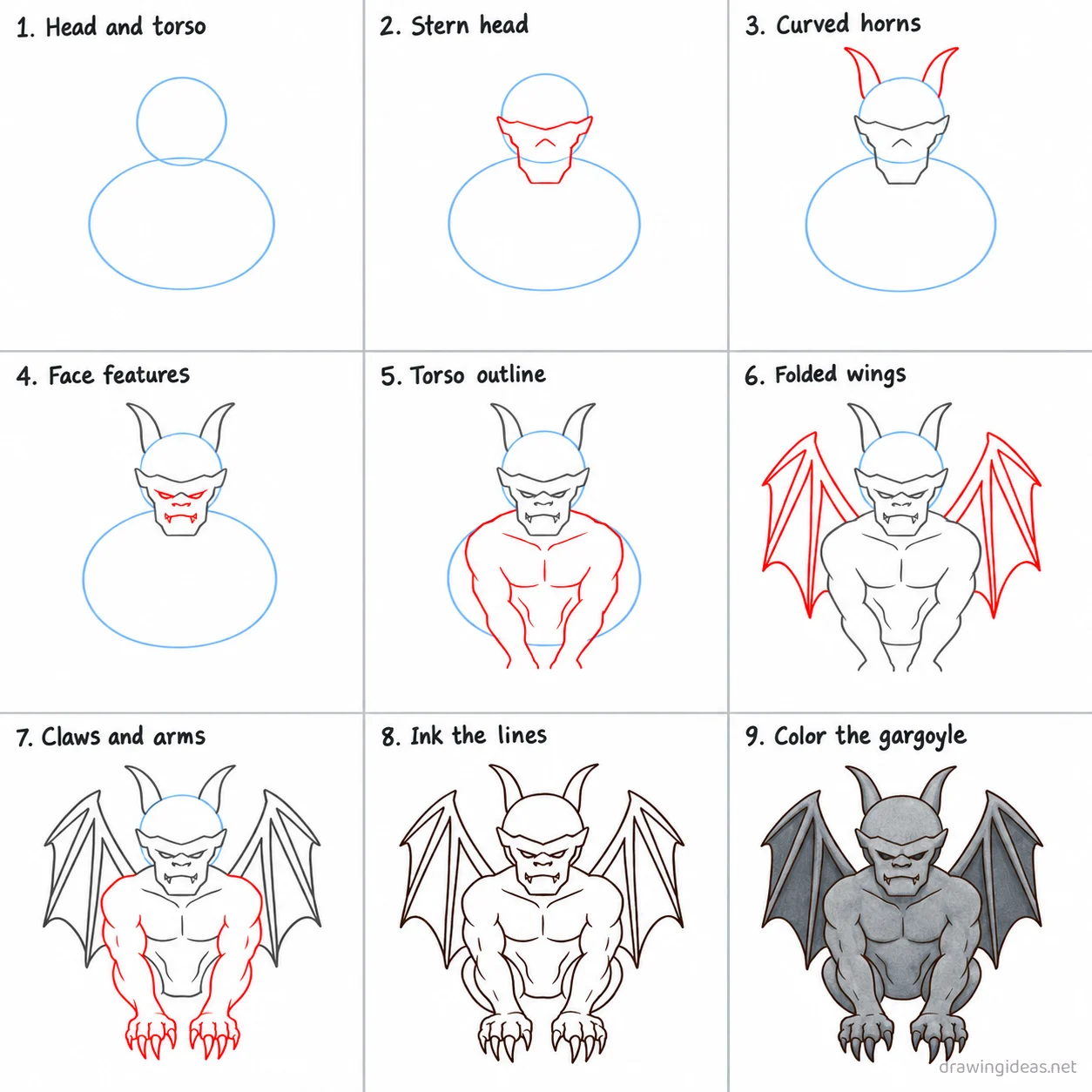How to draw a gargoyle step by step — 9-step gargoyle drawing tutorial sheet