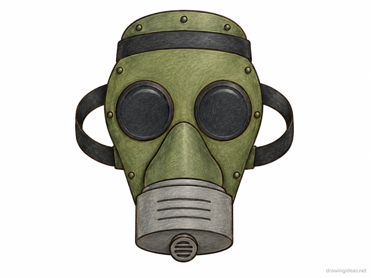 Gas Mask drawing — hand-drawn gas mask illustration with ink lines and soft colors