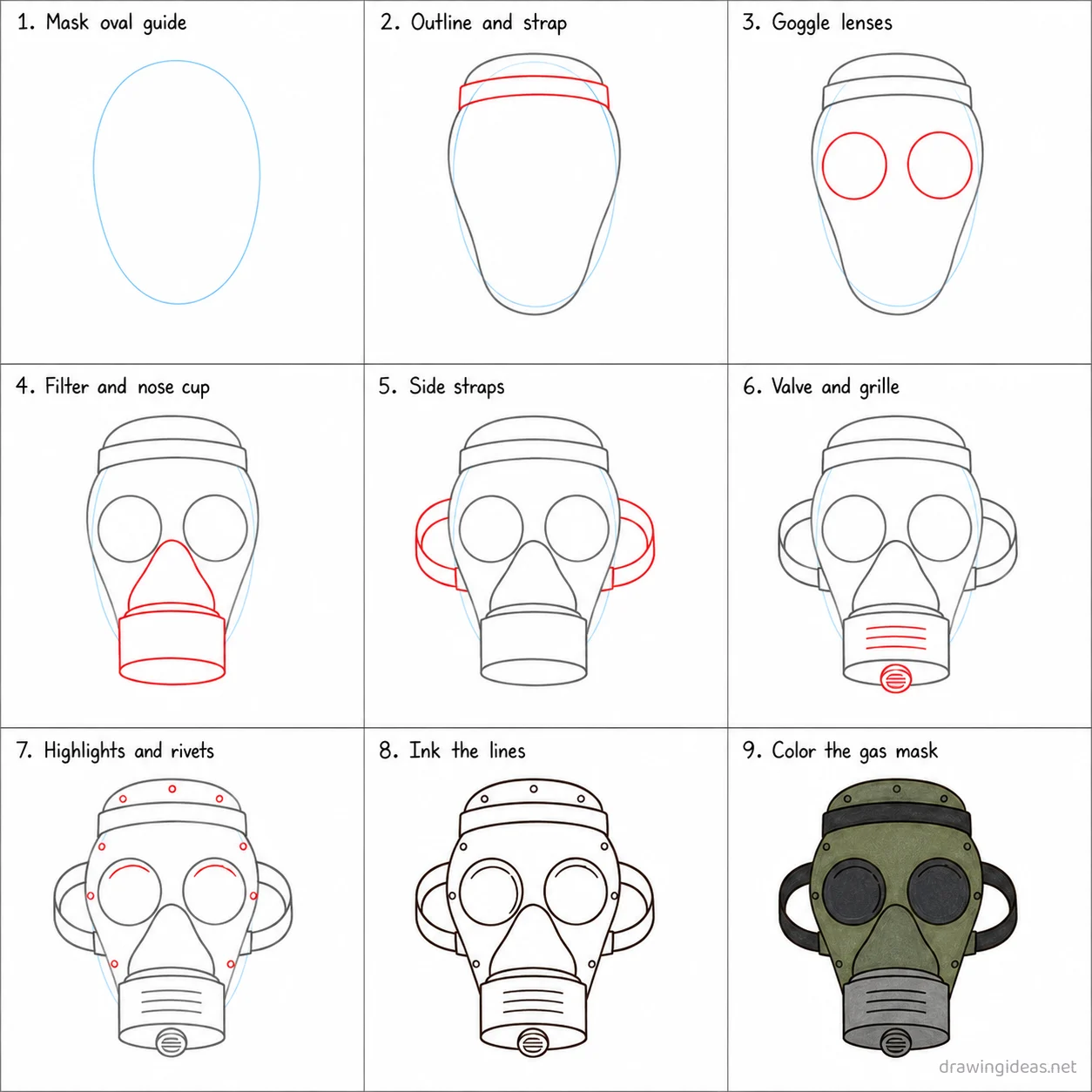 How to draw a gas mask step by step — 9-step gas mask drawing tutorial sheet