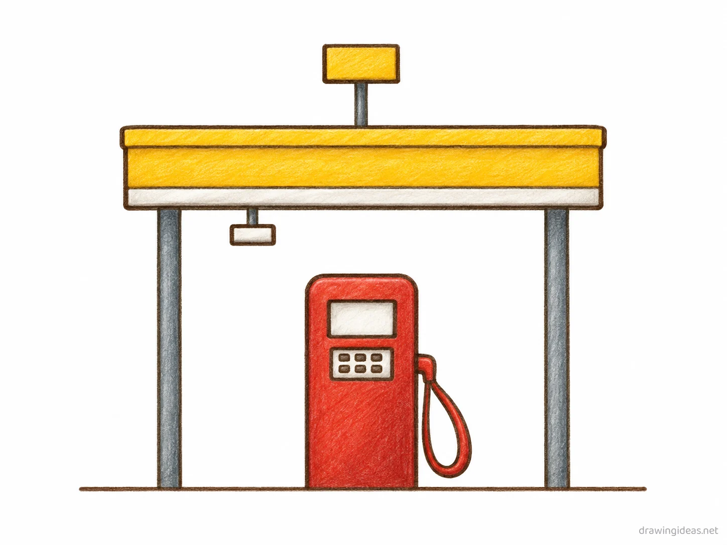 Gas Station drawing — hand-drawn gas station illustration with ink lines and soft colors