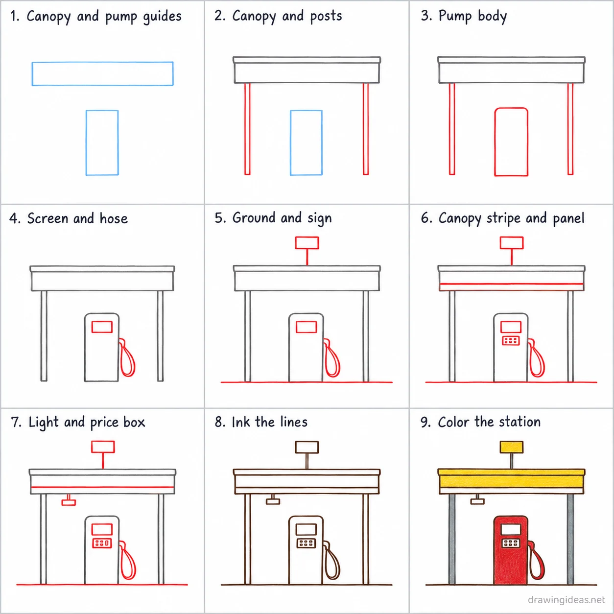 How to draw a gas station step by step — 9-step gas station drawing tutorial sheet
