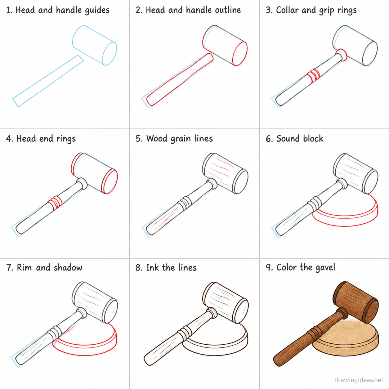 How to draw a gavel step by step — 9-step gavel drawing tutorial sheet