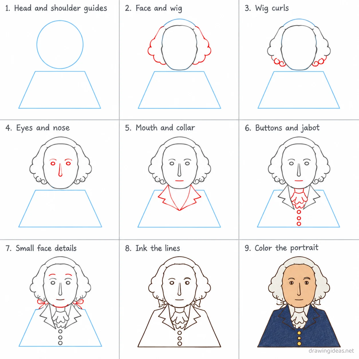 How to draw George Washington step by step — 9-step George Washington drawing tutorial sheet