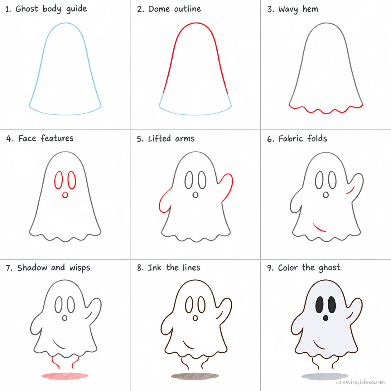 How to draw a ghost step by step — 9-step ghost drawing tutorial sheet