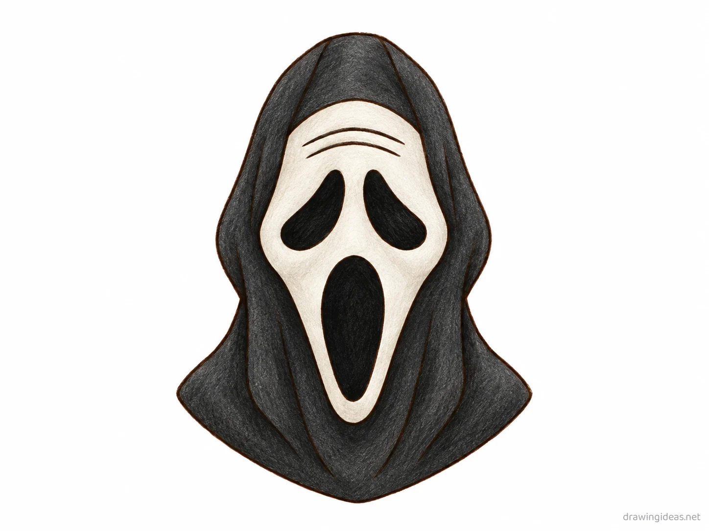 Ghostface drawing — hand-drawn Ghostface illustration with ink lines and soft colors