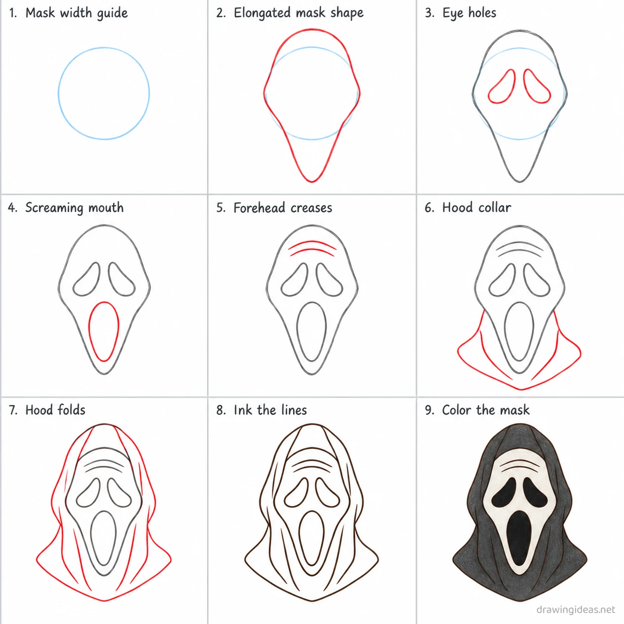 How to draw Ghostface step by step — 9-step Ghostface drawing tutorial sheet